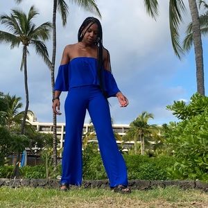 Off Shoulder Jumpsuit Straight Leg Blue Sz 4/6